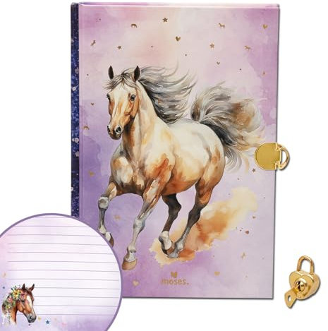 moses. Pferde – Tagebuch mit Herz-Schloss, 192 linierte Seiten für persönliche Notizen und Erinnerungen, Notizbuch mit Goldfolienveredelung, Inklusive Einstecktasche, Geschenk für Pferdefreunde