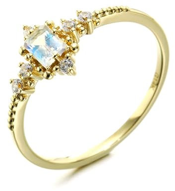Calefee Ring Gold 585 Damen, Eheringe Damen Schlicht mit Mondstein und Zirkonia, Echtschmuck 14k größe 47 (15.0)