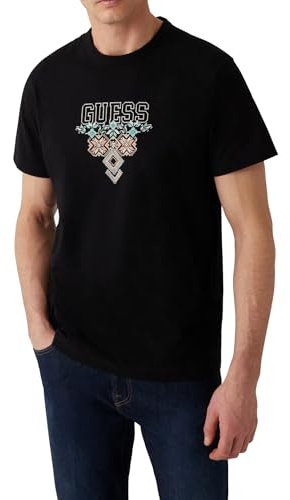 GUESS Herren-T-Shirt, dekoratives Grafikdesign, kurze Ärmel, Schwarz, Schwarz , L