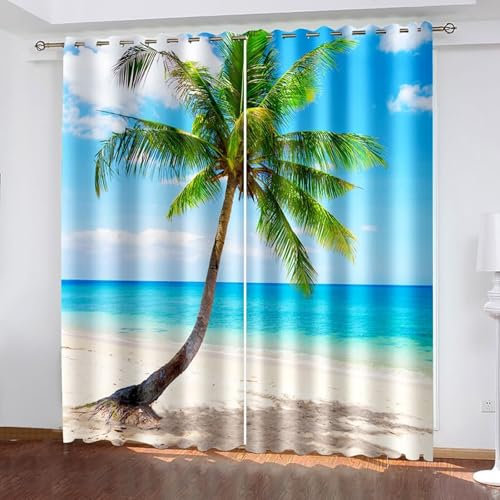Mesnt Window Curtains Living Room, Polyester Fabric Seaside Palm Tree Landscape Curtains & Drapes Window Treatments Blinds for Living Room, Blue Green Beige, 2 Panels W84 x L72
