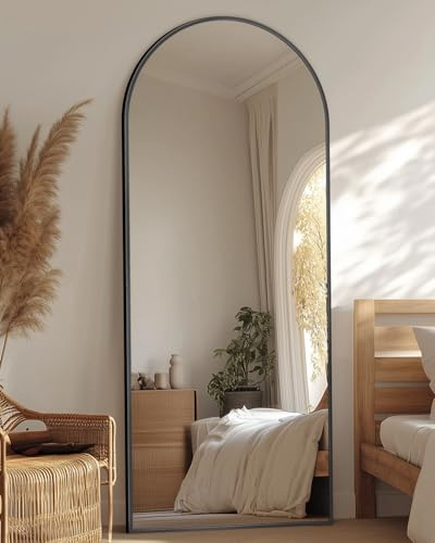 Antok Miroir Pleine Longueur, 147 x 45 cm Grand Miroir sur Pied Bombé, Miroir Mural avec Cadre en Alliage en Aluminium et Verre Incassable, Miroirs de Sol pour Salon, Dressing, Noir