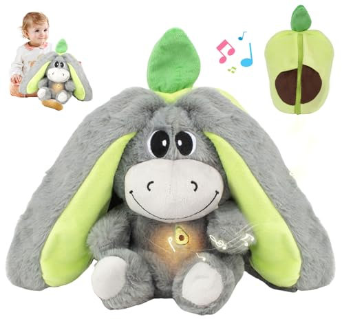 XPJBKC Atmendes Kuscheltier Esel, Süßes Schlummer Esel Kuscheltier in Avocadoform, Weiches Beruhigendes Kuscheltiere Atmet mit Atembewegung, Musik und Warmes Licht für Kinder Erwachsene