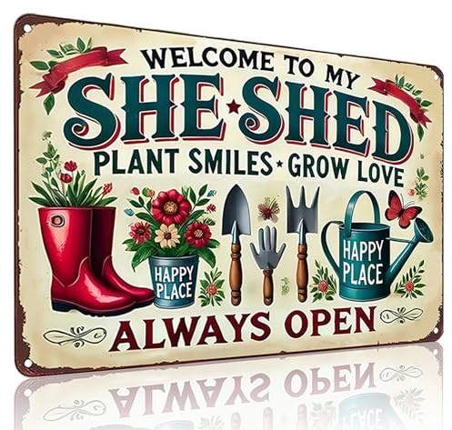 Bestylez Garden Gifts Welcome To My She Shed Vintage Gardening Signs for Home Garden Greenhouse Living Room Bedroom Yard Outdoor Decor 8X12 Inch (3372)