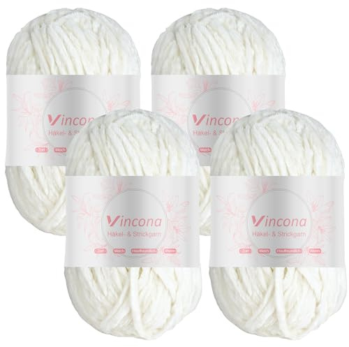 Vincona Fil chenille 4 x 100 g laine à tricoter - Doux laine crochet, chenille fil pour crochet tricot - 100% polyester - 4 x 120 m Super Soft Chunky Yarn - Aiguilles n° 5-6 Blanc crème