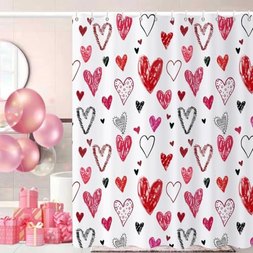GCIREC Duschvorhang, 180x200cm, Valentinstag Romantisches Liebesthema Rot Rosa Schwarzes Herz Wasserdichter Stoff Maschinenwaschbarer Badezimmervorhang mit Haken