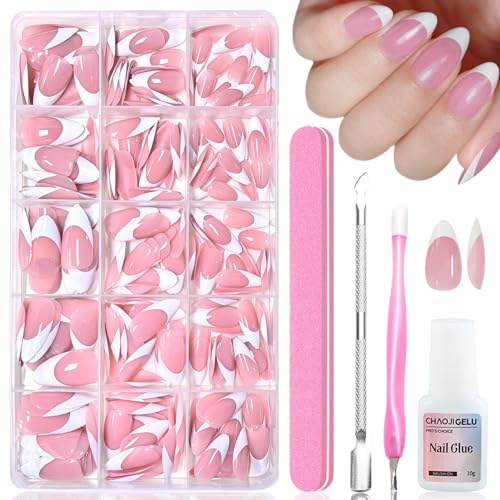 240 Stück Rosa French Künstliche Nägel zum aufkleben - Kurz Almond Press on Nails Kunstnägel, Full Cover Soft Gel Fingernägel, mit Nagelkleber - 15 Größen Fake Nägeln für Frauen DIY Nageldesign