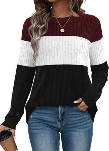 Cuptacc Pullover Damen Rundhals Gerippte Sweatshirts Farbblock Langarmshirt | Colorblock,Rundhals,Gerippt,Elegant,Locker,Weich,Komfort,Casual,Trendy,Stilvoll,Basic,Modern,Leicht,Alltag