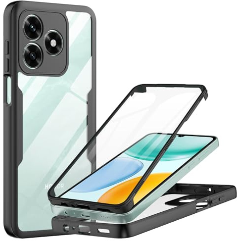 MQERYBV Funda para Honor X5C/X5C Plus con Protector de Pantalla Integrado | 360 Grados Full Body, Anti-Shock Carcasa, Transparent PC Dura Resistente + Silicona Bumper, Negro
