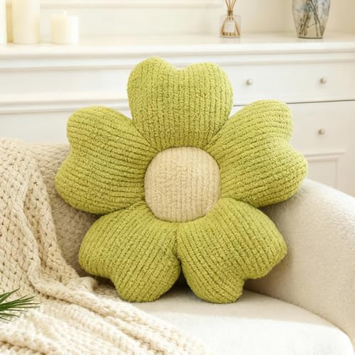 Blumenkissen, 50x50cm Blumen Kissen Plüsch, Blume Sitzkissen, Bodenkissen Frühling, Zierkissen, Dekokissen, Blumenförmiges Kuschelkissen, Plüschkissen, Blumenbodenkissen für Schlafzimmer Sofa (Grün)