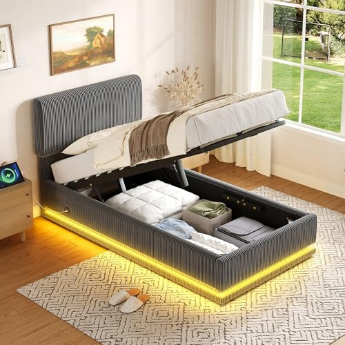 A ALFRESCOOL Einzelbett 90×200cm, Jugendbett, Polsterbett, Bett mit LED-Beleuchtung & Ladefunktion, Höhenverstellbarem Kopfteil, CordStoff, Großem Unterbett-Stauraum, Ohne Matratze (Dunkelgrau)