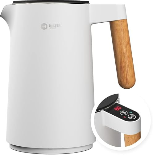 BALTER electric kettle with temperature control, 45 °C - 100 °C, Stainless steel, double wall, BPA-free, quiet, warming function, kettles electric, 1.5 L, 2200 W, White