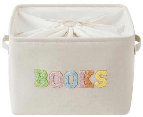 YFNHOME Cesta para Libros Infantiles con Asas, Organizador de Libros en Tela de Lino y Algodón, Caja para Libros, Regalo para Book Lover, Habitación y Biblioteca, 41 x 31 x 28 cm
