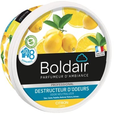 BOLDAIR - Gel destructeur d'odeur Citron - Neutralise les odeurs - parfume - Produit gel solide - Multi application - durée 8 semaines - 300g - Fabrication française