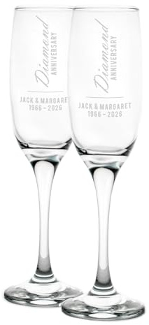 The Gift Experience Personalised Diamond Anniversary Champagne Flutes - Personalise with Names and Years, H 21.5cm x W 6.3cm