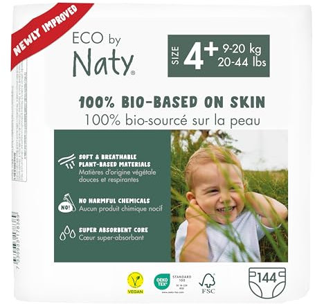 Eco by Naty Baby Öko Windeln - umweltfreundliche Premium-Bio Windeln aus pflanzenbasierten Materialien, ideal für empfindliche Babyhaut (Größe 4+ - 144 Stück) - MONATSBOX