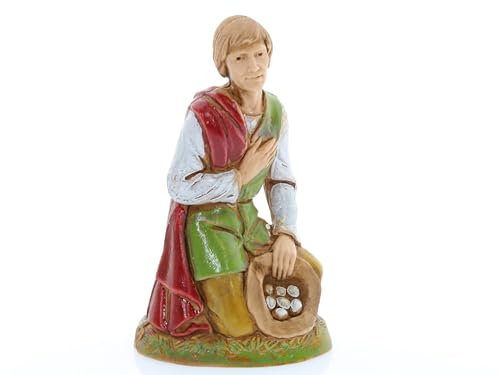 Moranduzzo Bauer mit Gaben H 6,8 cm für Krippe Maßstab 1:20 – für 10 cm Krippe – Standard 10 – Unzerbrechliche Figur, Stil '700, Handbemalt, Bildhauer M. Landi