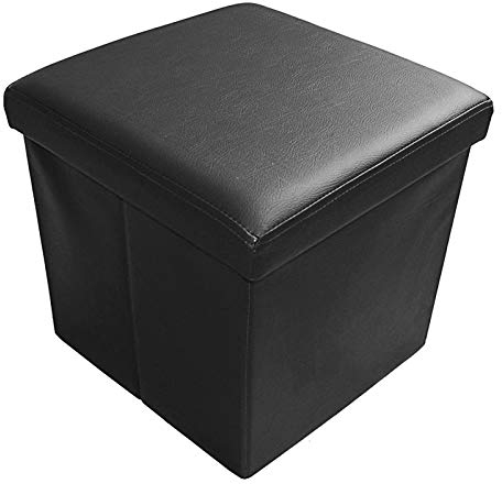 Natsen Sitzhocker mit Stauraum, 38 x 38 x 38 cm, faltbar Sitzwürfel aus Kunstleder, Sitzbank Fußhocker Fußablage Aufbewahrungsbox, Black