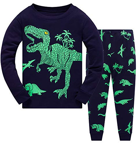 Boys Pyjamas Set Dinosaur Print Kids Pjs Pajama Long Sleeve Cotton Sleepewar Tops Shirts & Pants Nightwear Children Outfit, 2-3 Years, Deep Blue