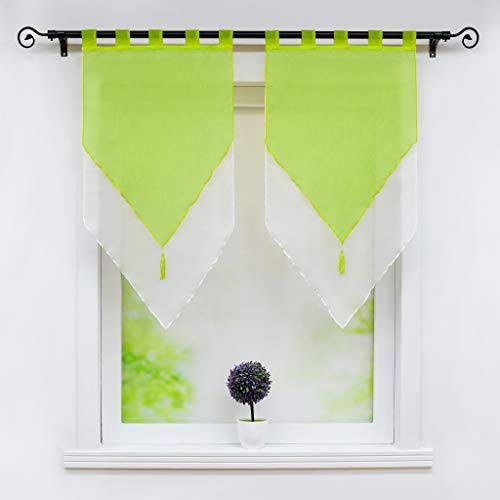 Joyswahl Scheibengardine Voile Panneaux 60x90cm Lydia 60x120cm Grün/Weiß | Bistrogardinen mit Quaste,Landhausstil,Zweifarbig,Doppelschicht Kurzstore,Mit Schlaufen,2 Stück,Küchengardinen modern