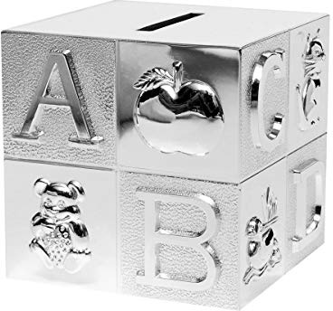 Brillibrum Design Kinder Spardose versilbert Würfel aus Metall anlaufgeschützt personlisierte Geschenkidee zur Einschulung Sparschwein ABC (Gravur bis 15 Zeichen)