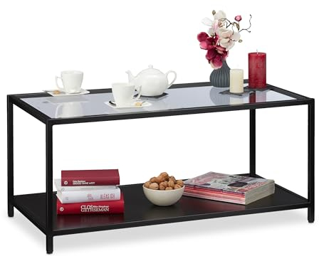 Relaxdays Couchtisch, Glasplatte & Metallgestell, Ablage aus MDF, moderner Wohnzimmertisch, HBT 45x100x50 cm, schwarz