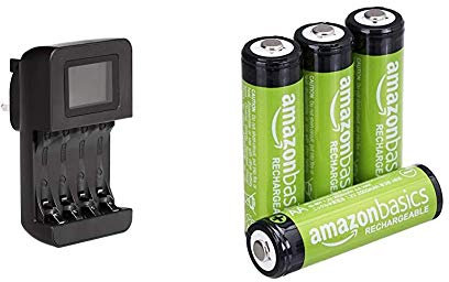 Amazon Basics Intelligent Digital Battery Charger for 4 AA, AAA & AA Rechargeable Batteries, Pre-charged - Pack of 4 (Appearance may vary)