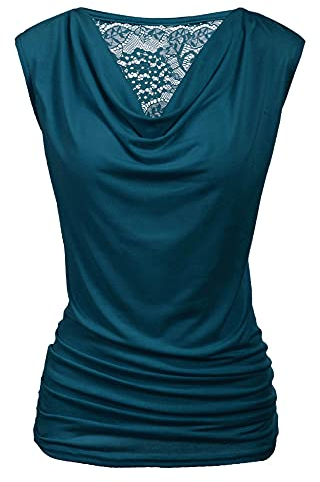 PINSPARK Blusa de verano sin mangas para mujer, elegante, cuello en V, cascada, plisado, encaje, túnica elástica, azul verdoso, L