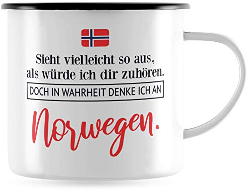 JUNIWORDS Emaille-Tasse, Sieht vielleicht so aus, als würde ich dir zuhören. Doch in Wahrheit denke ich an Norwegen (1001317), Schwarzer Tassenrand