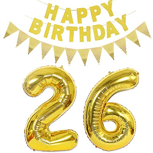 Luftballons Zahl 26 gold + Happy Birthday Girlande + banner Folienballon 26.Geburtstags deko frau mann ballons 26 Jahre Geburtstag deko frauen Zahlenballon 26 Geburtstag dekoration Männer frau(26)