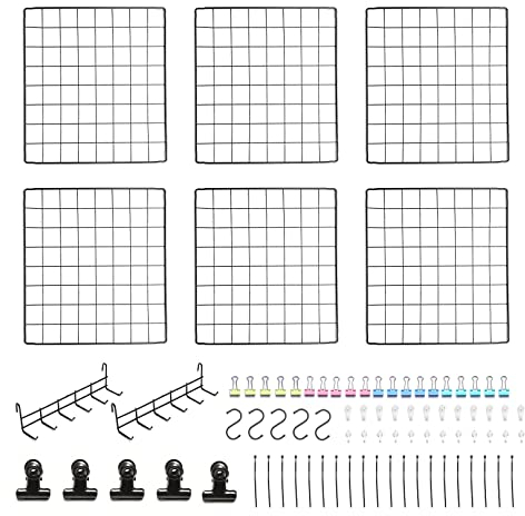 Feadily Confezione da 6 espositori da parete a griglia in metallo, per foto e foto fai da te, inclusi 2 ganci da 35 cm e 35 cm (nero)