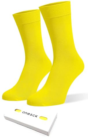 ONESCK Super Soft Cotton Dress Socks Vibrant Plain Colours for Men (Yellow, 7-12)