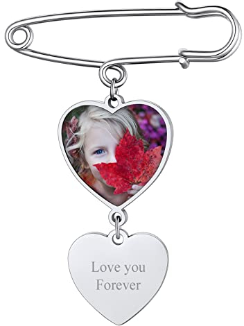 Custom4U Personalisierte Brosche Pin mit Foto Gravur Edelstahl Memorial Damen Frauen Herz Brautstrauß Anhänger mit Bild DIY Ansteckbrosche Hochzeitsbouquet Pin