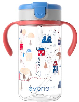 Evorie Tritan Spill Proof Toddler Straw Sippy Cup, for Baby and Toddlers 1-3 Years Old, 300ml, No Spill Straw Water Bottle with Removable Handles, Ideal for School, BPA-Free, Happy Valley
