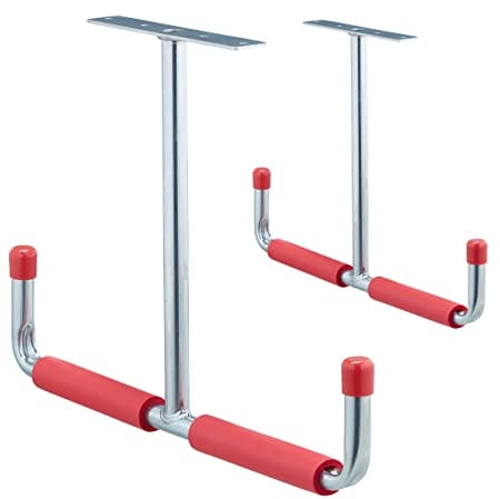 Relaxdays 6 x Deckenhaken Garage, T-Profil, bis 25 kg, für Stauraumbrücke, Stahl mit Polsterung, H x B: 30 x 42 cm, Silber-rot