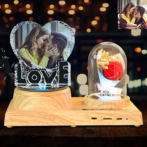 Personnalisées Impression en Cristal avec Votre Photo, décor de Bureau personnalisé Cadeau Photo Cadre Transparent en Verre avec Haut-Parleur Rotatif Bluetooth Rose lumière d'ambiance Changeante-Love