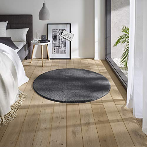 TacaHome Waschbarer Kurzflor Teppich Anti-Rutsch I Flauschiger Flachflor für Badezimmer Wohnzimmer Schlafzimmer Kinderzimmer Flur Läufer | 80 cm rund Anthrazit
