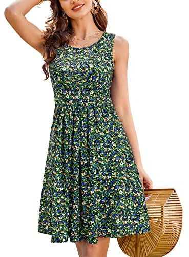 KILIG Sommerkleid Damen Strandkleid Midi Ärmellose Kleid Sommer Leicht Blumenkleid Freizeitkleid (Floral 19,L)