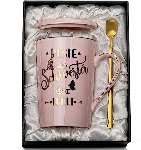 Taza de regalo de cumpleaños para hermanas, mejor hermana del mundo, regalos personalizados para regalo de cumpleaños de hermana, taza de café de mármol rosa de 400 ml con estampado dorado, juego de