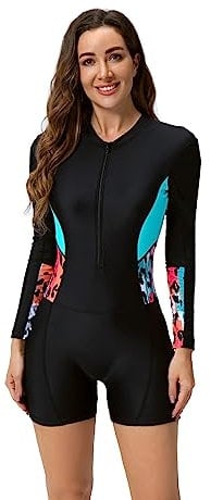 Women's One Piece Boyleg Swimsuits Sports Athletic Training Bathing Suit Color Block Rash Guard Long Sleeve Zipper Front Surfing Diving Swimming Costume Wetsuit Modest Swimwear Black + Blue Leopard XL