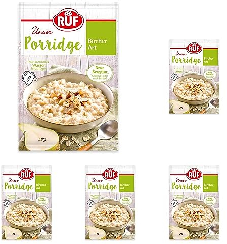 RUF Porridge Bircher Art mit Vollkorn Haferflocken, gehackten Haselnüssen und aromatischen Apfel- und Birnenstückchen, 1 x 65g Beutel, 65g(5er Pack)
