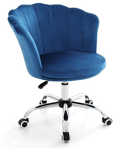 RELAX4LIFE Bürostuhl Samt, Drehstuhl Höhenverstellbar, Schreibtischstuhl mit Rollen & Muschel-Rückenlehne, Schminkstuhl Gepolstert, Computerstuhl für Wohnzimmer Schlafzimmer Büro (Blau)