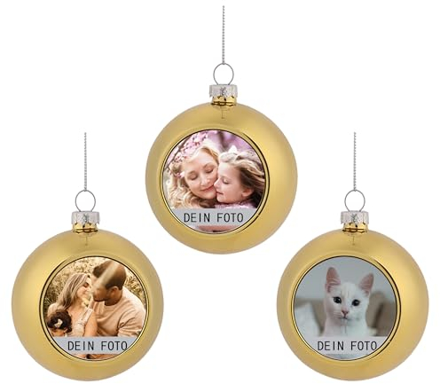 MilyaDE 3 Stück Weihnachtskugeln mit eigenem Bild, Kunststoff innen Glitzer Lametta 6cm, Christbaumkugeln Personalisierte selbst gestalten, Gold