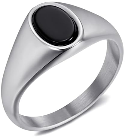 BOBIJOO Jewelry - Siegelring, Cabochon, Onyx, oval, 9 x 6 mm, Edelstahl, versilbert, Rostfreier Edelstahl