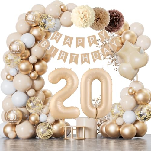 20 Geburtstag Deko, 20 Geburtstag Männer Frauen, Geburtstagsdeko 20 Beige Gold Ballon Deko mit Happy Birthday Banner, Deko 20. Geburtstag Luftballons für Männer Frauen 20 Jahr Geburtstagdeko