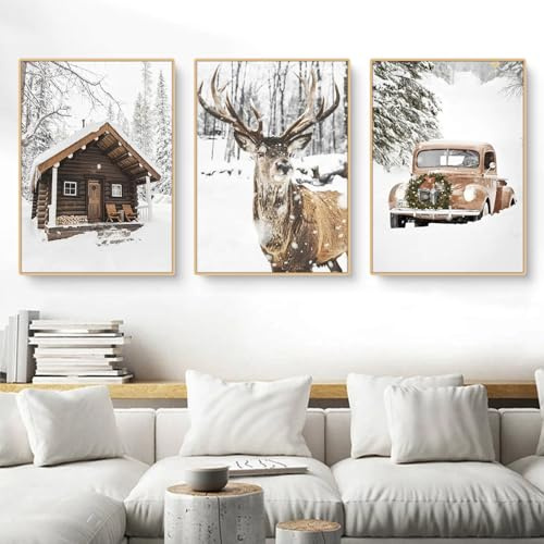 CULASIGN 3er Premium Poster Set, Modern Winter Bilder, Wandbilder Wanddeko für Wohnzimmer Schlafzimmer, Winterlandschaft Bilderset Elch, Holzhaus,Auto, Eichhörnchen,Wald - Ohne Rahmen (ABC,40x50cm)