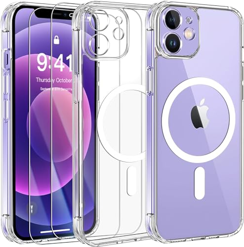 FLLAO Magnétique Coque pour iPhone 12 avec 2 Verre Trempé, Compatible avec MagSafe, Protection d'objectif Tout Compris, Etui Translucide Mat Arrière Housse Fine Antichoc Case, Transparent