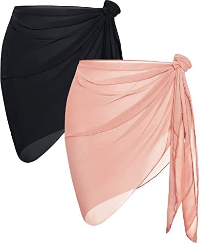 2 Stück Damen Strand Wrap Sarong Sheer Bikini Badeanzug Cover Ups für Bademode(Schwarz und Korallenrosa)