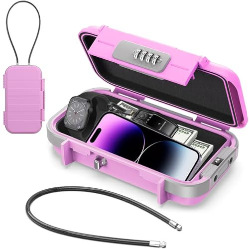 Diyife Portable Safe Box, [Waterproof] Travel Safe Combination Case, Anti-Theft Security Box with 4-digital Code, Lock Box with Removable Wire Rope for Hotels, Travel, Venues, Office, Vacation (Pink)