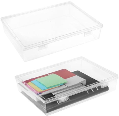 QWORK Plastic Storage Stackable Container Bin Organizer Box with Hinged Lid – 2 Pack Multi-Purpose Clear Storage Solution for Home, Office, and Kitchen Organization