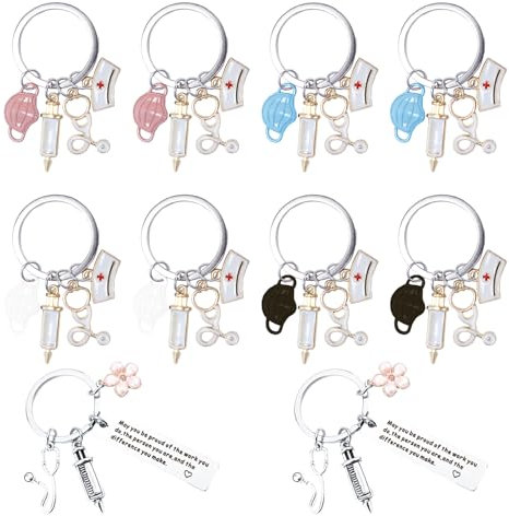 Keboyoe 10 Stück Krankenschwester Schlüsselanhänger Metall Schlüsselanhänger Krankenschwester Keychain Schlüsselanhänger Hängen Anhänger mit Spritze Stethoskop für Arzt Krankenschwester Geschenke